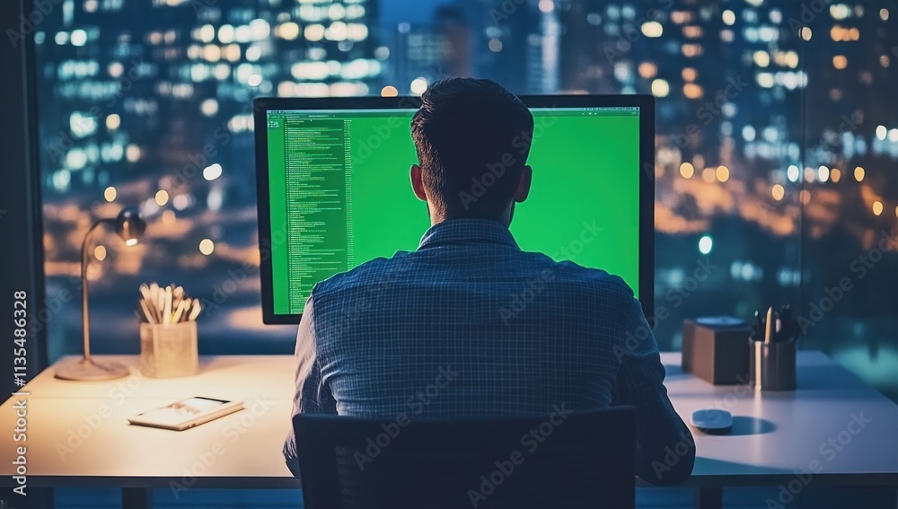 Poster Man codes with green screen in office.