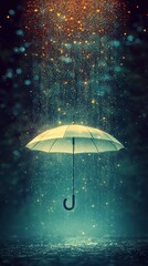 Illuminated umbrella showering light drops enchanted forest digital art night scene surreal concept