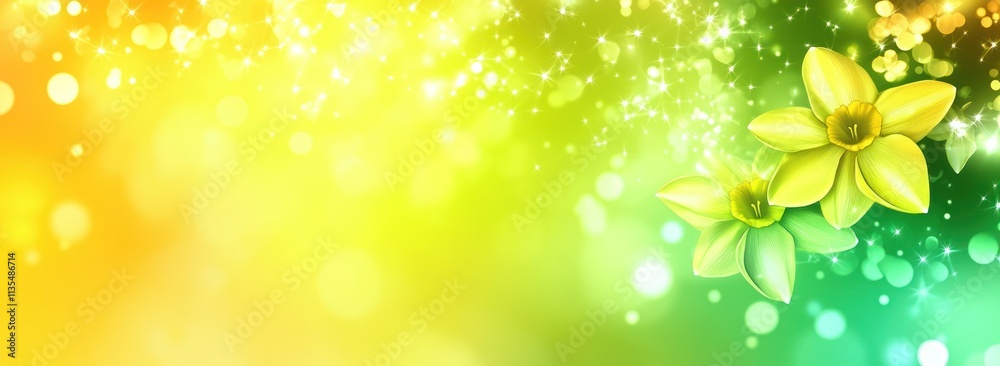 Poster Yellow daffodils with bokeh lights, sparks on abstract green yellow gradient backdrop.