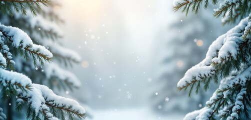 Snowy winter scene shows branches of evergreen tree covered in snow. Light from sun creates soft glow in background. Fluffy snowflakes gently fall. Winter holiday background. Beautiful winter tree