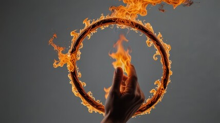 Fiery ring held by hand against gray background.