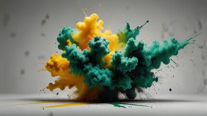 Abstract explosion of teal and yellow paint.