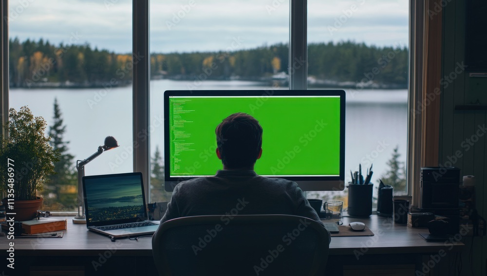 Poster Man coding at desk overlooking lake, green screen.
