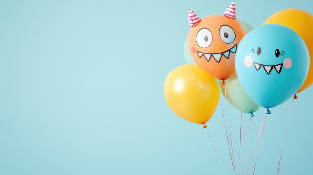 Colorful balloons with playful monster faces create fun atmosphere for celebrations. Perfect for parties and festive events
