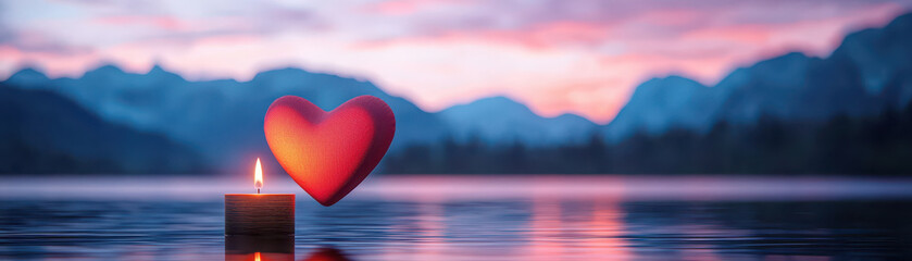Fototapeta premium floating heart shaped candle reflects on serene lake at sunset, creating romantic atmosphere