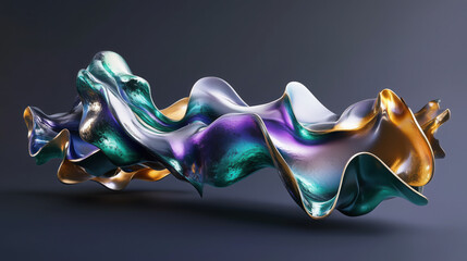Abstract 3D Flowing Liquid-Like Wave Textures in Tyrian Purple, Emerald Green, and Gold Gradient
