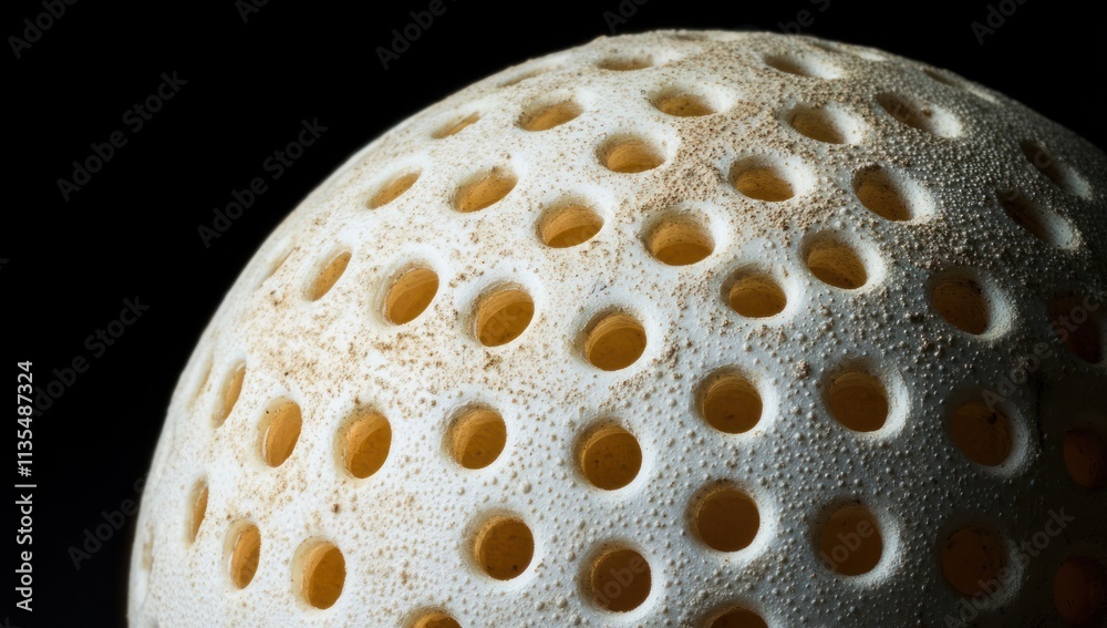 Poster perforated sphere close-up with black background.