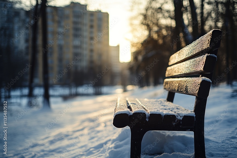 Poster snowy park bench at dusk with building background.