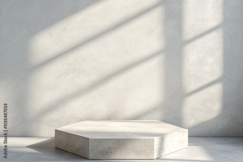 Poster Empty hexagonal pedestal on sunlit textured wall.