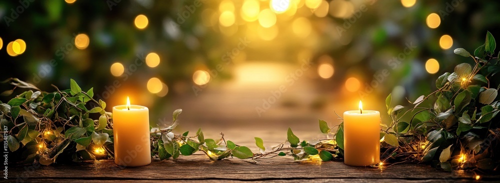Poster candles with bokeh and greenery on wooden surface.