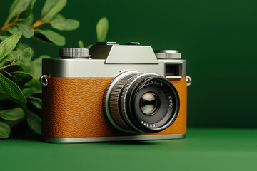 vintage film camera with leather finish, surrounded by green leaves, evokes nostalgia and creativity