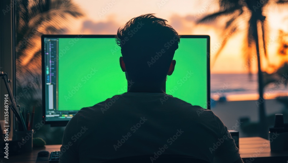 Poster man works remotely; green screen monitor, sunset ocean view.