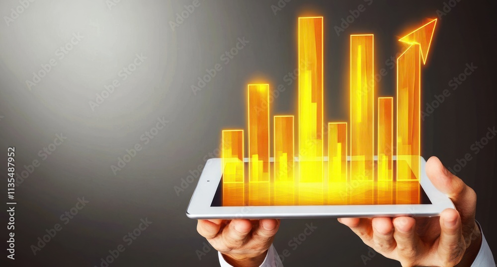 Aufkleber Glowing golden bar chart with upward arrow on tablet held in hands.