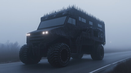 Spiked-Roof Armored Camper Vehicle on Foggy Road