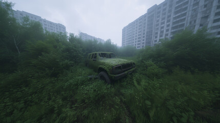 Overgrown Vehicle in Abandoned Building Complex