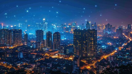 Fototapeta premium A vibrant city skyline at night, illuminated by lights and a starry sky.
