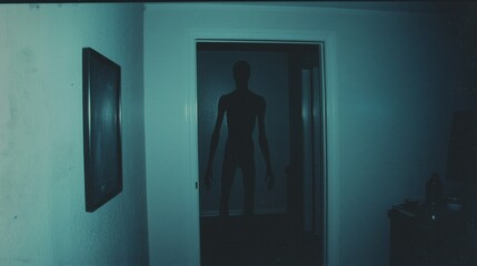 Silhouette of a mysterious figure standing in a doorway at night.