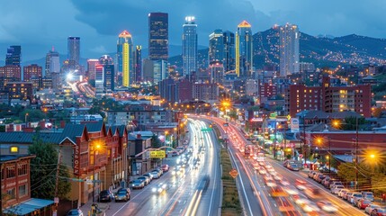 Naklejka premium A vibrant city skyline at dusk with illuminated buildings and busy traffic.