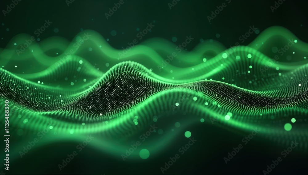 Poster Abstract tech background shows dynamic green waves. Digital data flows in smooth patterns. Futuristic, vibrant design with flowing lines, shapes. Modern tech concept. Green digital wave form pattern.
