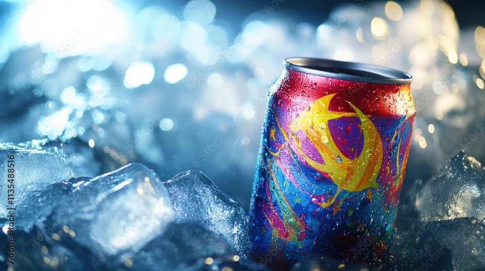 Poster colorful can on ice with bokeh light.