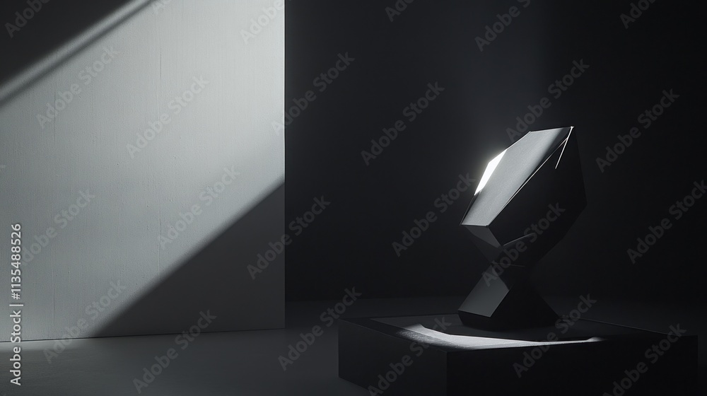 Aufkleber Dark angular sculpture on platform lit by a single spot.