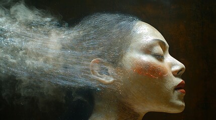 Serene woman's profile with ethereal smoke and water flowing through her hair.