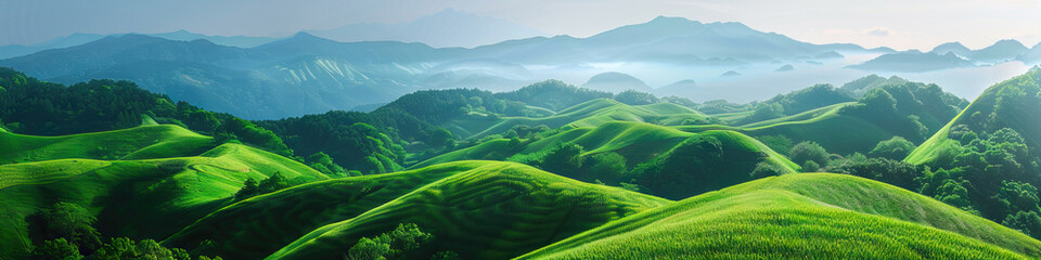 Fototapeta premium Panoramic View of Verdant Hills and Mountains