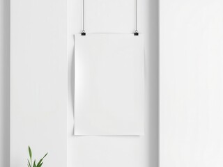 A poster mockup hanging on wooden clips on a white wall in a modern home setting, empty, decor