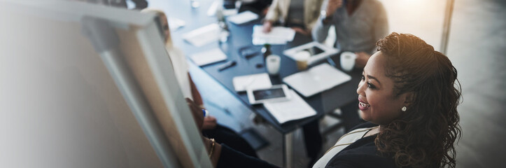 Presentation, planning and woman at whiteboard with ideas, training or research at financial...