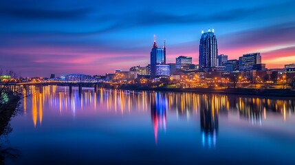 Nashville Skyline at Dusk. Cityscape, River Reflection, Urban Landscape.
