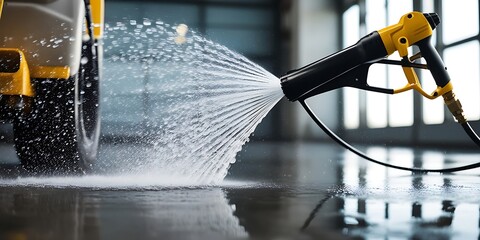 A high pressure washer cleans a concrete floor in a garage. banner-web-blog-post