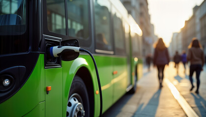 Electric bus charges at urban station. People walk on street in background. Eco friendly urban transport in city center. Sunny day. Public transport charging. Green vehicle. Sustainable future.