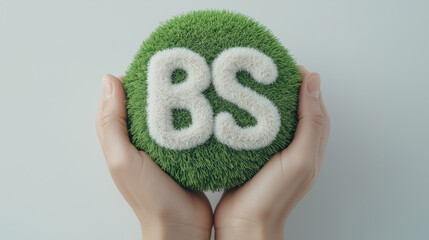 Image of Hands Holding a Spherical Grass Object with Embossed Letters "BS"
