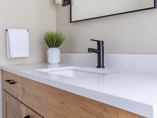 Modern Bathroom Vanity with White Countertop and Oak Cabinets