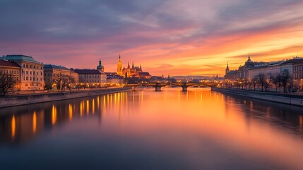 Fototapeta premium Prague Sunset over Vltava River. Cityscape, Architecture, Travel