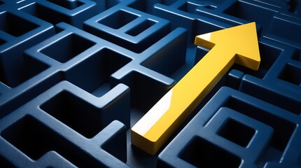 A labyrinth maze with a glowing yellow path on a blue background suggesting a concept of problem solving. 3D Rendering