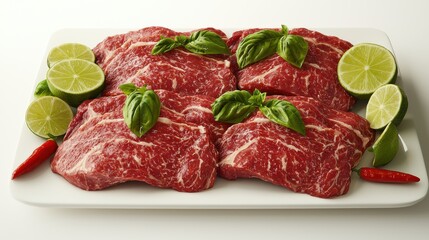 Fototapeta premium Slicing fresh vietnamese beef for pho garnished with lime and basil in a culinary kitchen setting