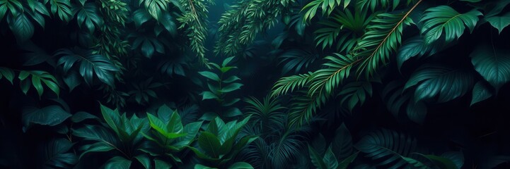 Fototapeta premium Dark and mysterious pattern featuring an array of exotic leaves, wallpaper, background, jungle