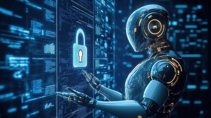 Fototapeta premium A robot is holding in its hand and touching a digital holographic padlock with a blue circuit board background