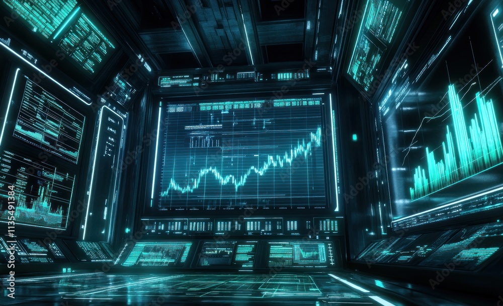 Poster Futuristic room with many glowing data screens showing charts.