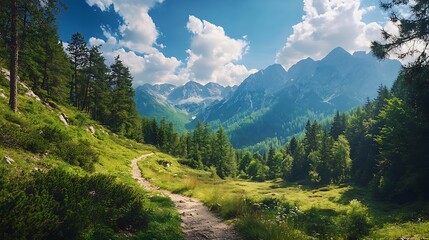 Obraz premium Scenic Mountain Trail, Alpine Landscape. Hiking Path Through Lush Forest. Nature, Adventure, Outdoors.