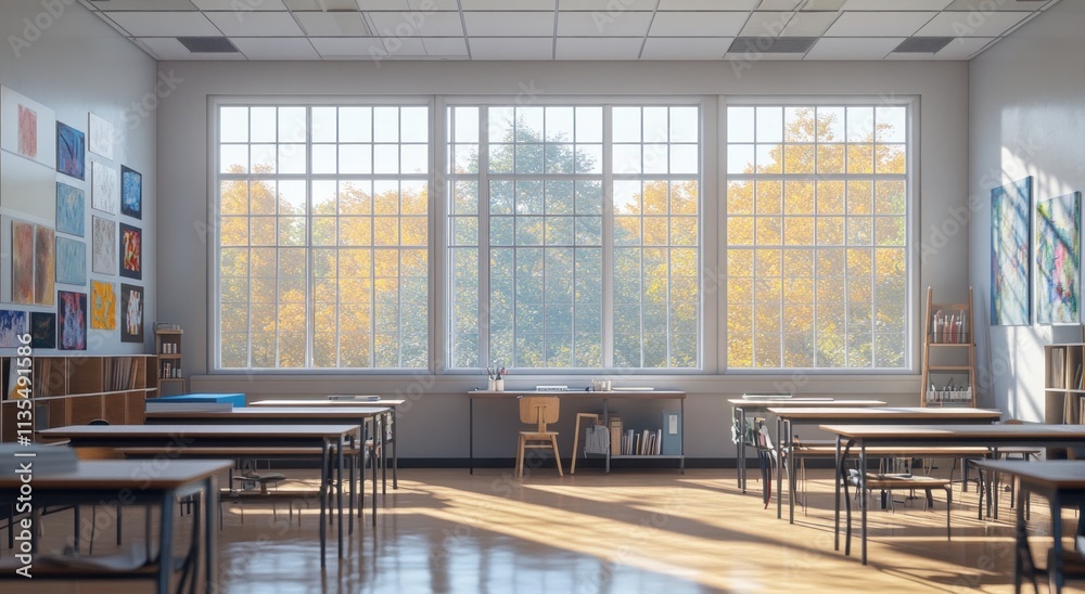 Poster Empty classroom with large windows and fall view.
