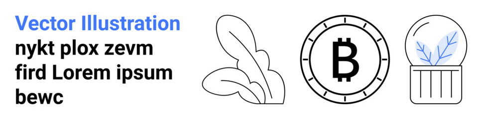 Three main elements leaves, cryptocurrency symbol, and a plant in a jar. Ideal for financial technology, agriculture, sustainability, environmental projects, fintech, cryptocurrency education, green