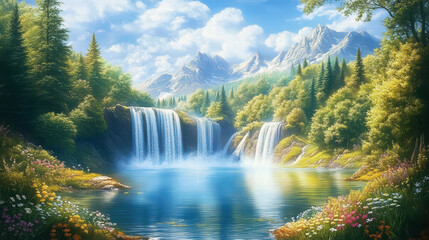 Fototapeta premium A beautiful painting of waterfalls in the forest, with mountains and green trees in the background