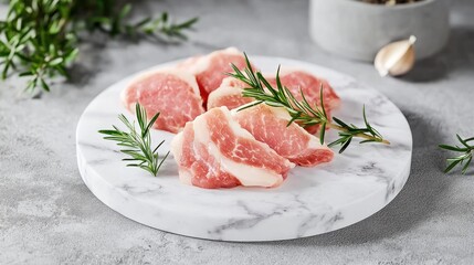 Freshly cut beef sirloin slices with rosemary garnish kitchen setting food culinary presentation close-up view