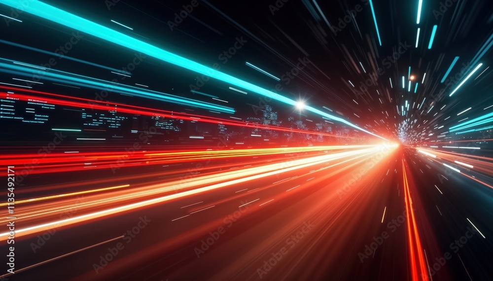 Fototapete abstract dynamic view of city at night. high speed motion blurs lights into streaks of color. data s