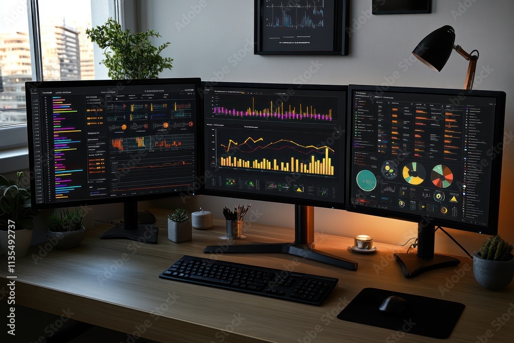 Leinwandbilder Three monitors displaying data charts on a desk.