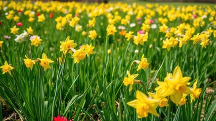 Obraz premium Vibrant daffodil flowers blooming in a lush green field under the warm sun, flowers, sunny
