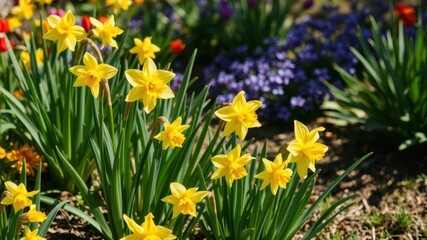 Vibrant yellow daffodil flowers blooming in a vast field on a sunny day, plant, garden, vibrant