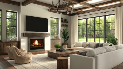 Modern Farmhouse Living Room with Fireplace and Large Windows